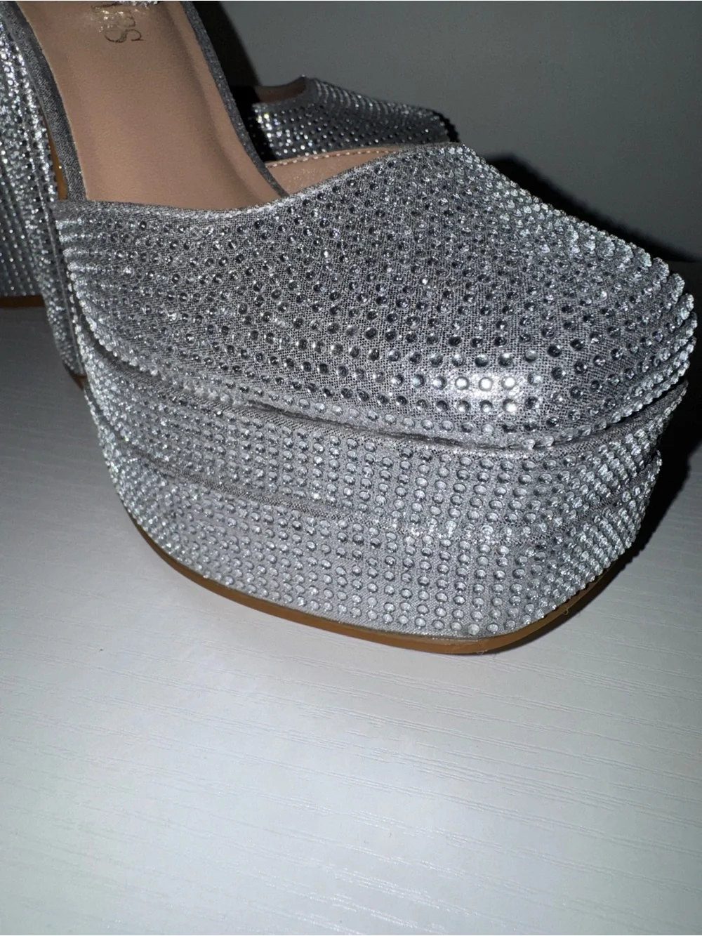 Dream Pairs Silver Crystal Platform Heels with Ankle Strap - Size 8